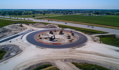 Aerial view of highway intersection featuring roundabout under construction, surrounded by machinery and open fields, showcasing urban development