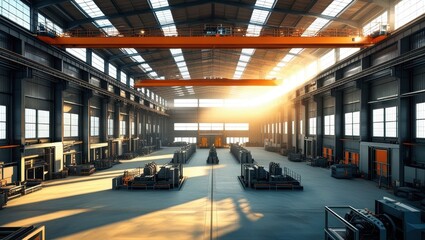 Fototapeta premium industrial warehouse interior, large empty space, high ceiling, overhead crane, metal beams, concrete floor, sunlight streaming through windows, dramatic lighting, wide angle view, realistic rendering
