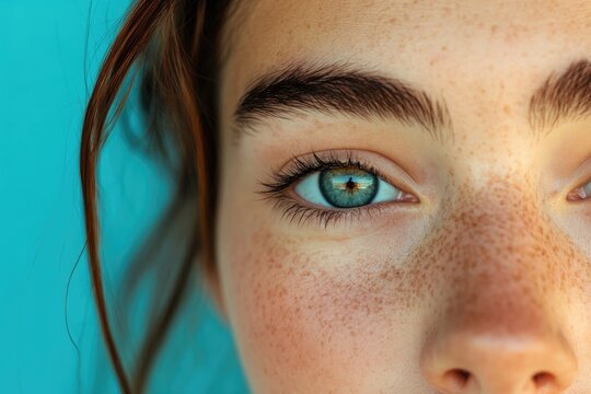 Close-up shot of a woman's face with noticeable freckles
