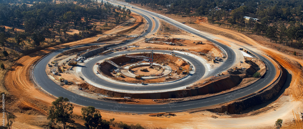 Poster aerial view of highway intersection featuring roundabout under construction, surrounded by trees and