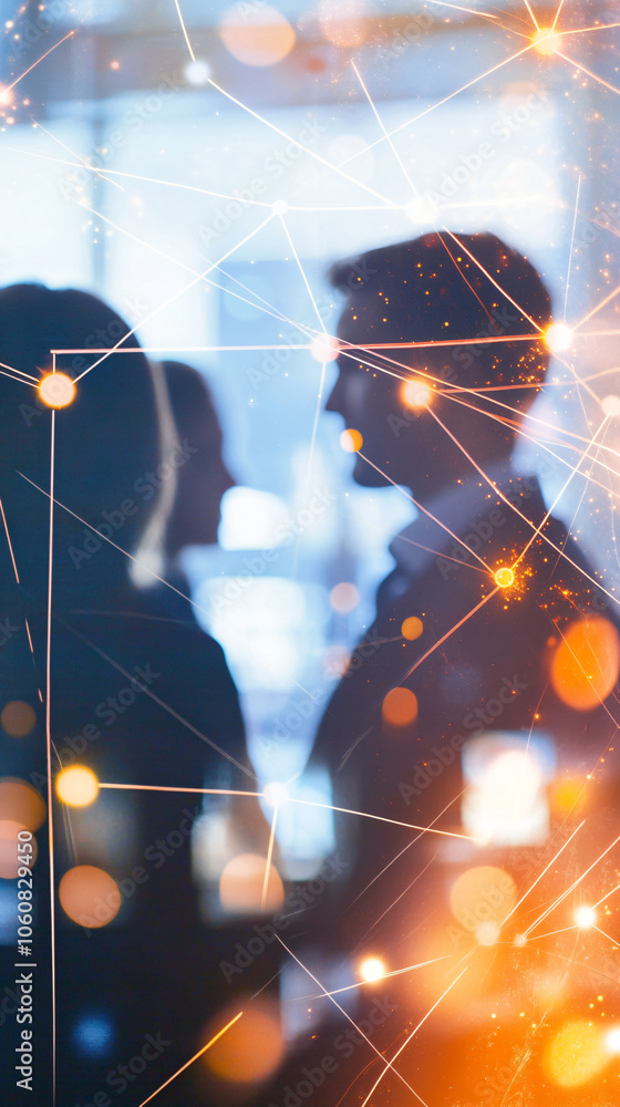 Poster two professionals engage in a conversation as bright streaks and nodes create a network link