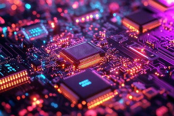 Fototapeta premium 3D Rendering of an Electronic Circuit Board with Digital Data Transfer Concept. AI generated illustration