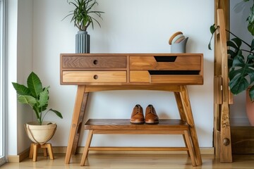 A simple wooden table with two drawers and a built-in shoe rack