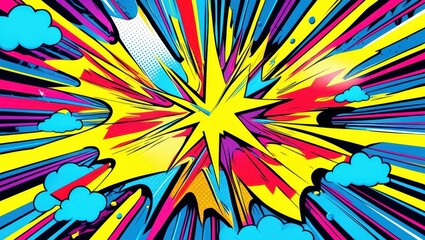 Fototapeta premium Comic book explosion, vibrant starburst, pop art style, bright yellow star, radiating lines, dynamic composition, red and blue color scheme, retro comic book effect, action-packed illustration, bold g