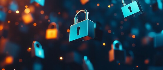 3D Rendering of Floating Padlock Icons on a Dark Blue Background. AI generated illustration