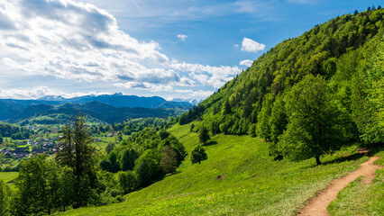 Colline verdoyante sous le soleil avec vue sur la vallée et les montagnes au fond