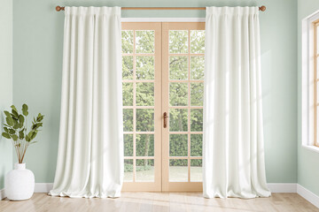 White curtains mockup in a modern, minimalist interior setting