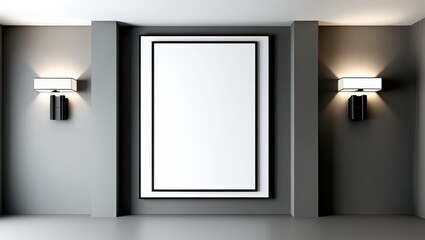Obraz premium Modern interior, minimalist design, gray walls, white ceiling, rectangular white frame, vertical wall sconces, symmetrical lighting, empty display, art gallery aesthetic, sleek architecture, shadow pl