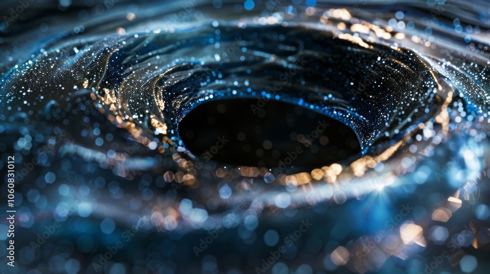 Poster abstract background with swirling blue and gold liquid forming a whirlpool effect with bokeh. perfec