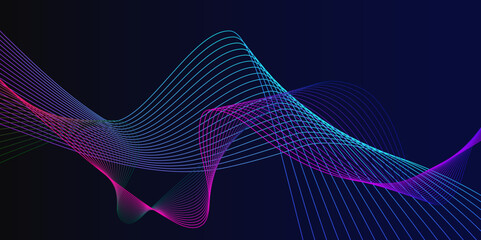 Abstract glowing wave lines on dark blue background. Dynamic wave pattern. Modern flowing wavy lines. Futuristic technology concept. Suit for banner, poster