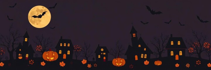 Spooky background with flying bats, haunted houses, and full moon, creepy, dark