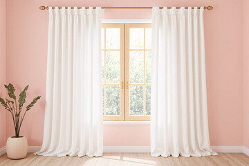 White curtains mockup in a modern, minimalist interior setting