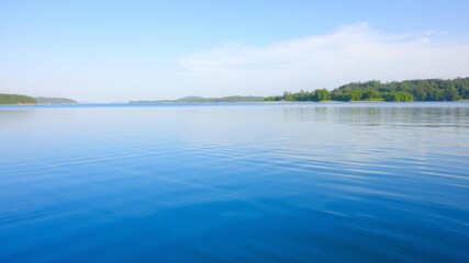 Tranquil lake surrounded by lush green forest reflecting clear blue sky, remote, tranquility