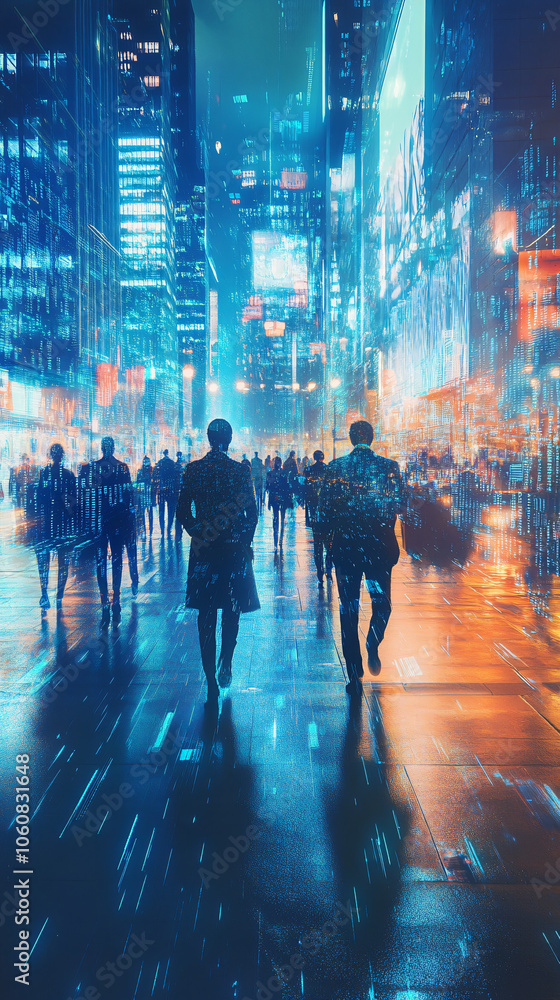 Poster business professionals stroll through a city at night with data streaming via augmented reality