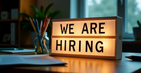 Bright Job Opportunities Sign "WE ARE HIRING" in Modern Office with Desk Supplies for Recruitment and Hiring