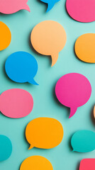 Numerous vibrant speech bubbles float against a green backdrop, symbolizing dialogue and exchange