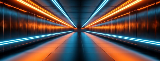 Obraz premium Futuristic Tunnel with Blue and Orange Neon Lines on Dark Metal. AI generated illustration