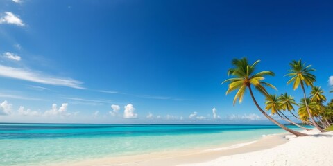 Vibrant wallpaper of a serene ocean scene with crystal clear turquoise waters, white sandy beach, and palm trees swaying in the breeze, vacation, beach