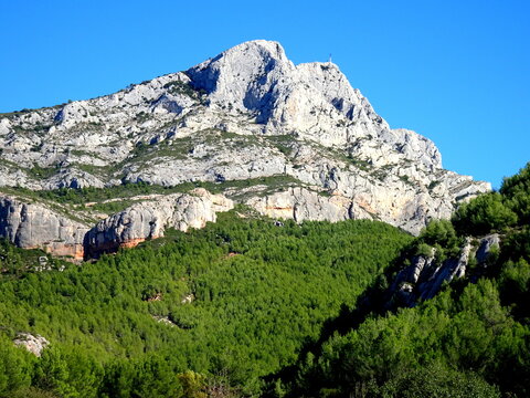 Sainte Victoire mountain, summit above the forest and meadows near Aix en Provence, france, with sunny weather. Scenic nature landscape