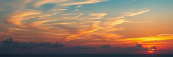 Fototapeta premium Vibrant sunset over calm ocean with colorful sky reflecting on water, wallpaper, colorful