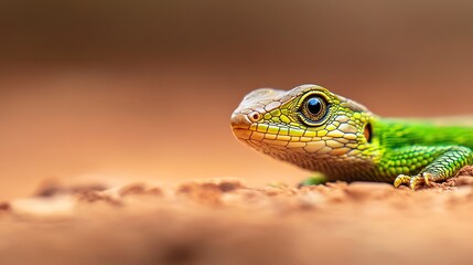 Fototapeta premium Lizard eye close-up, vibrant green scales, soft desert background, high detail