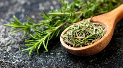 Fresh Rosemary Sprig and Wooden Spoon on Dark Background