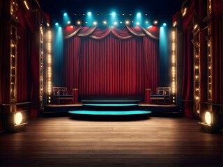 An empty theater stage with elegant red curtains and stairs
