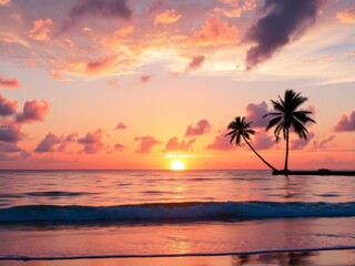 Vibrant orange and pink sunset reflecting on calm ocean waters with silhouetted palm trees, colorful, palm trees