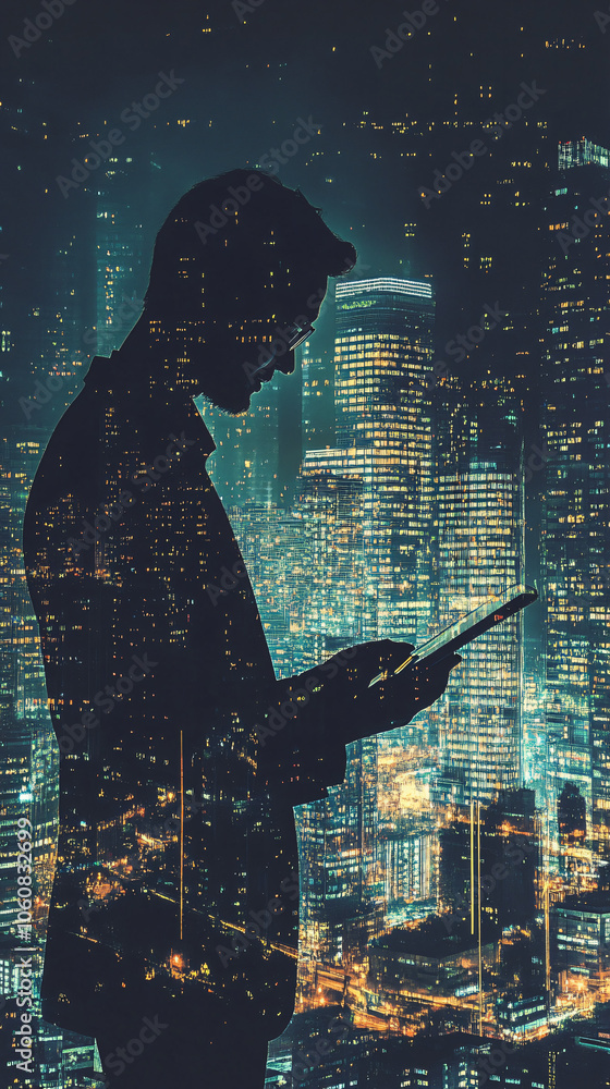 Aufkleber silhouette of a businessman using a tablet with a cityscape double exposure in the background