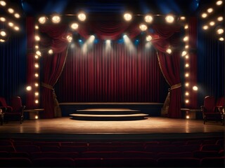 An empty theater stage with elegant red curtains and stairs