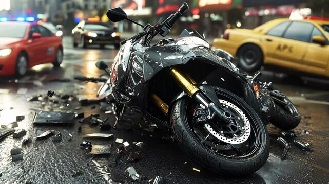 A black motorcycle lays on its side in the middle of the street after an accident