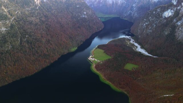St. Bartholoma on Konigssee in Bavaria, Germany, is breathtaking landmark surrounded by Bavarian Alps aerial view of mountain viewpoint. Luftaufnahme St. Bartholoma Wallfahrtskirche Berchtesgadener. 