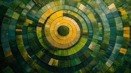 Fototapeta premium Aerial perspective of farmland irrigation circles, rows of vibrant crops in perfect circular formations, varying shades of green and yellow, soft sunlight highlighting texture, intricate details,