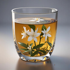 green tea with jasmine flowers and medium glass on table