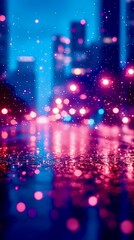 Rainy cityscape with colorful bokeh lights reflected on the wet pavement.