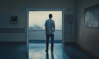 Fototapeta premium Man stands looking out a window in a room.