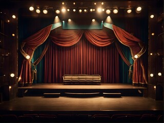 An empty theater stage with elegant red curtains and stairs