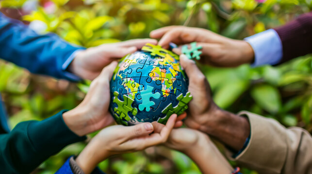 Cohesive group of business people holding eco-icon jigsaw puzzle pieces around a globe, representing eco-friendly corporate responsibility and community sustainability.