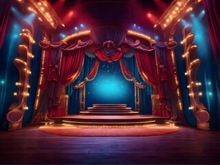 An empty theater stage with elegant red curtains and stairs