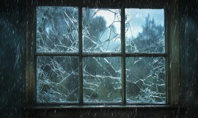 Rain falls on a broken window pane.