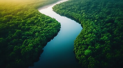 Aerial shot of a calm river snaking through dense forest, water mirroring the sky above, deep green foliage on either side, soft sunlight dappling through, tranquil and scenic,