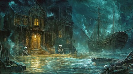 Haunting Shipwreck and Spectral Manor in Moonlit Seascape