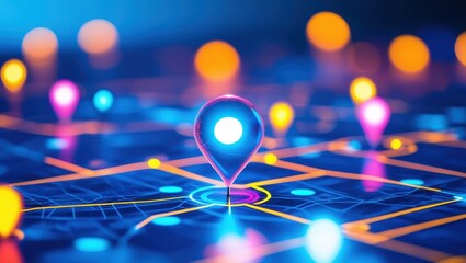 Map pins, glowing markers, digital network, global connections, data visualization, blue background, orange lines, interconnected nodes, futuristic interface, geolocation concept, technology abstract,