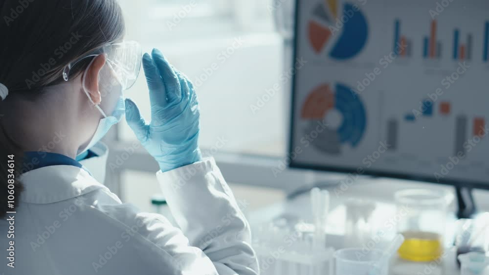 Poster A dedicated scientist in a modern lab analyzes complex data using advanced technologies to enhance biotechnology, healthcare, and statistics, driving innovative solutions for future challenges