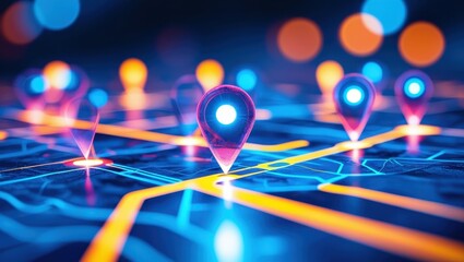 Map pins, glowing markers, digital network, global connections, data visualization, blue background, orange lines, interconnected nodes, futuristic interface, geolocation concept, technology abstract,