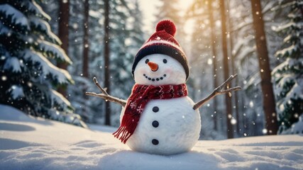 Fototapeta premium snowman in the forest wearing a christmas suit when it snows