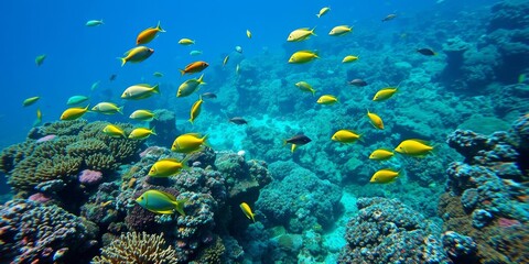 Naklejka premium Vibrant underwater scene with colorful coral reefs and schools of tropical fish, tropical fish, ocean floor