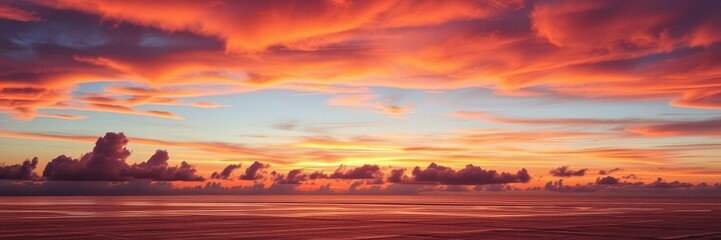 Vibrant sunset over the ocean with clouds reflecting warm orange, pink, and purple hues, serene, sky