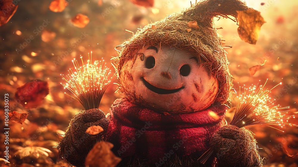 Aufkleber smiling scarecrow with fireworks in autumn setting