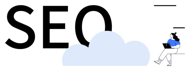 Large SEO text alongside a cloud and person sitting with a laptop. Ideal for digital marketing, search engine optimization, online business, tech innovations, web development, internet strategies
